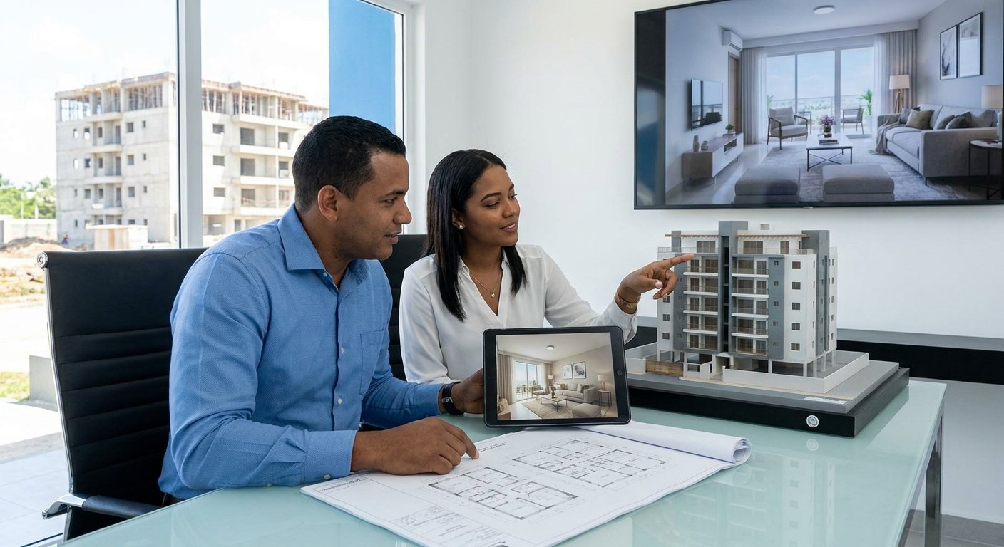 Compradores evaluando un apartamento en construcción junto a un asesor inmobiliario