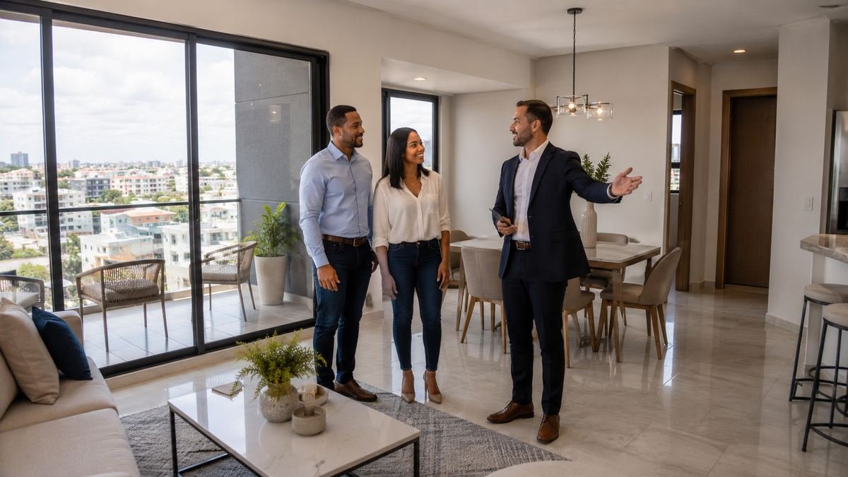 Pareja visitando un apartamento en Alma Rosa con un asesor inmobiliario