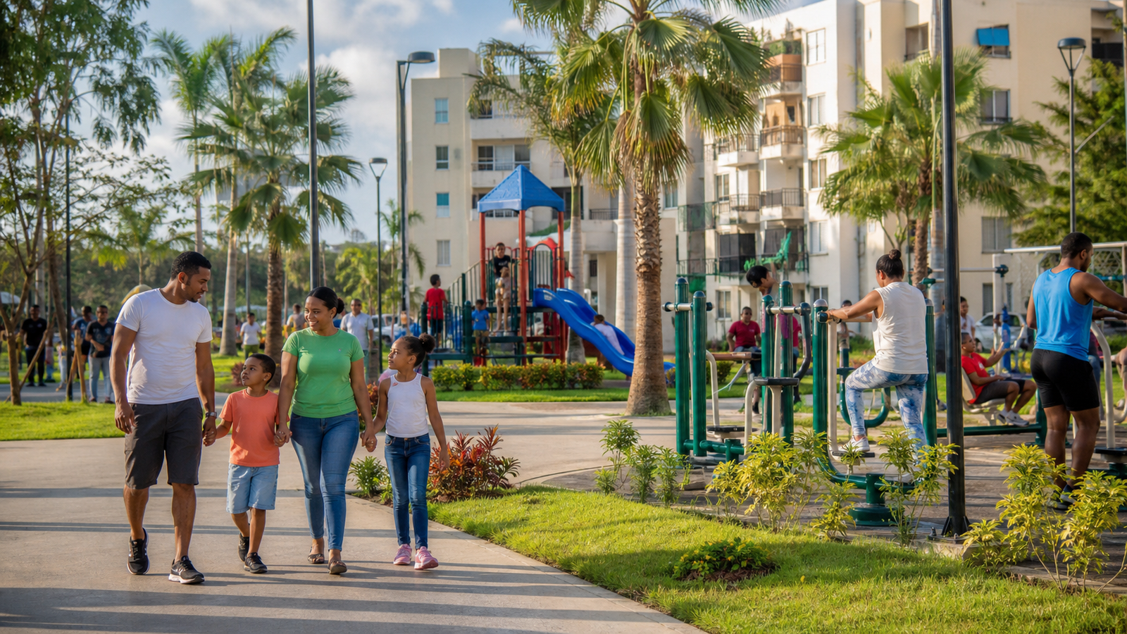 Familias disfrutando áreas verdes y recreativas en Ciudad Juan Bosch, Santo Domingo Este