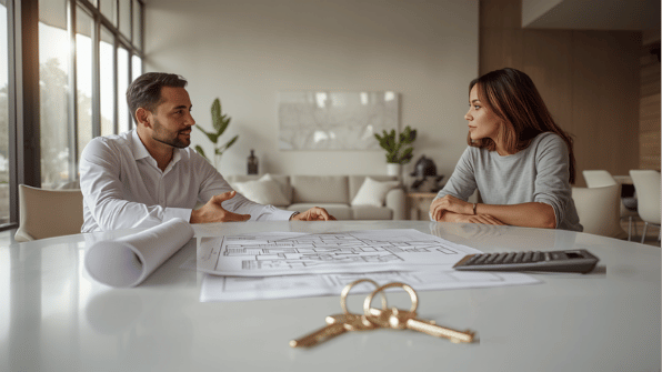 Asesor inmobiliario explicando costos de compra de una vivienda