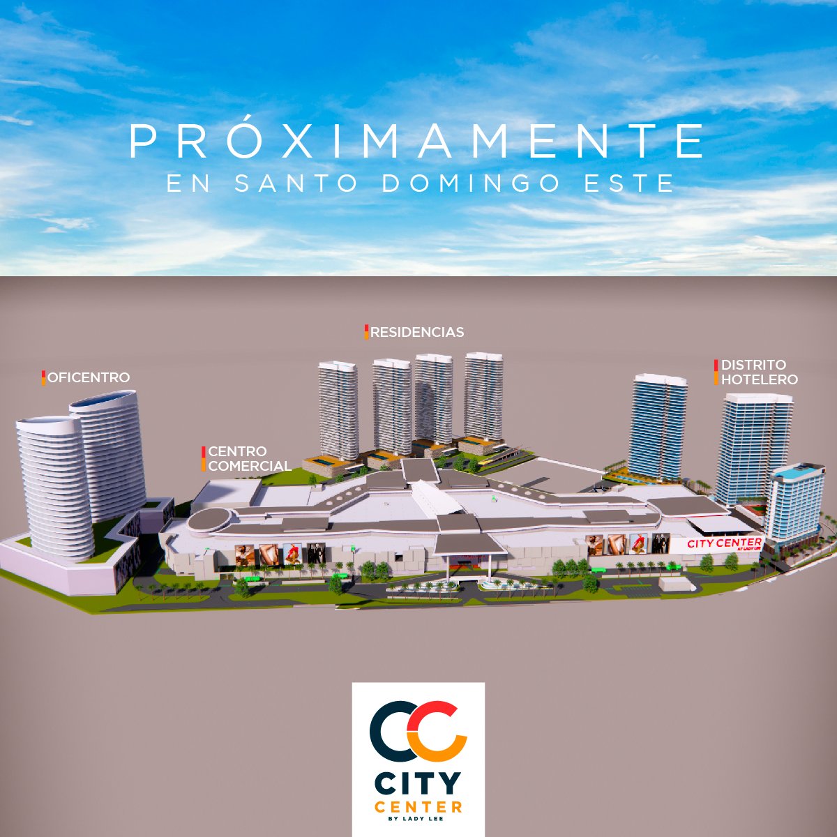 Render del conjunto City Center by Lady Lee con áreas comerciales, residenciales, hoteleras y oficinas