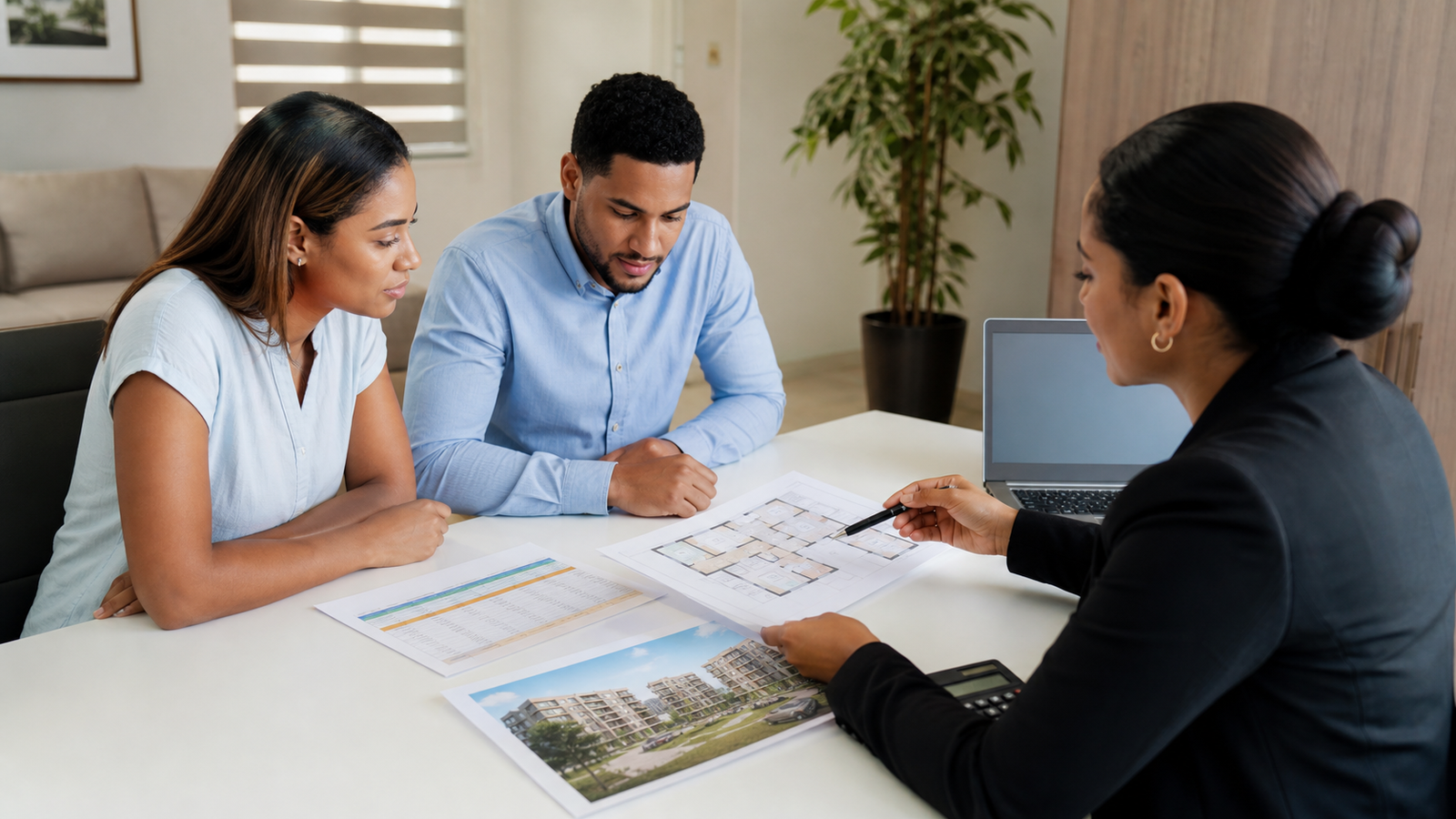 Compradores dominicanos comparando apartamentos en Ciudad Juan Bosch con asesoría inmobiliaria