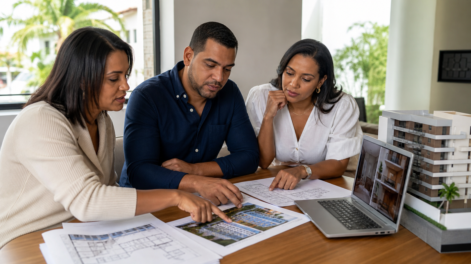 Compradores dominicanos comparando proyectos y apartamentos en San Isidro, Santo Domingo Este