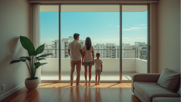 Familia dominicana evaluando un apartamento moderno cerca de la avenida Ecológica